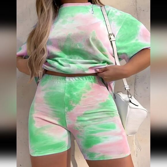 Plus Size Tie Dye Short Sleeve Top & Biker Short Sz 1X - Picture 5 of 8